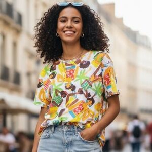 🌴 Zara Cotton Woman Tropical Print Short Sleeve Top – Size Small 🌴